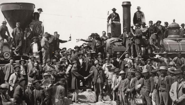 Central Pacific Railroad Company of California President Leland Stanford taps the Golden Spike